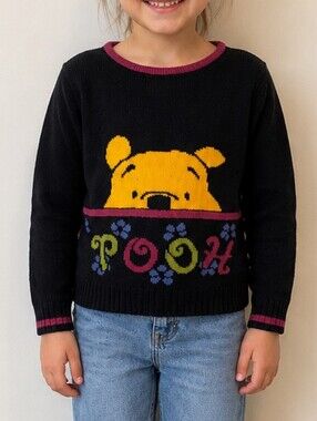 Vintage Disney Winnie the Pooh Knit Sweater Girls Size 6 Black Colorful 90s